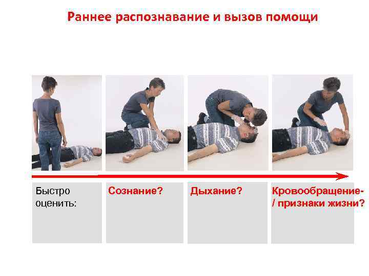 Раннее распознавание и вызов помощи Быстро оценить: Сознание? Дыхание? Кровообращение/ признаки жизни? 