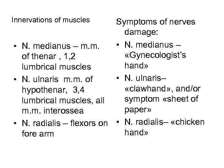 Innervations of muscles Symptoms of nerves damage: • N. medianus – m. m. «Gynecologist’s