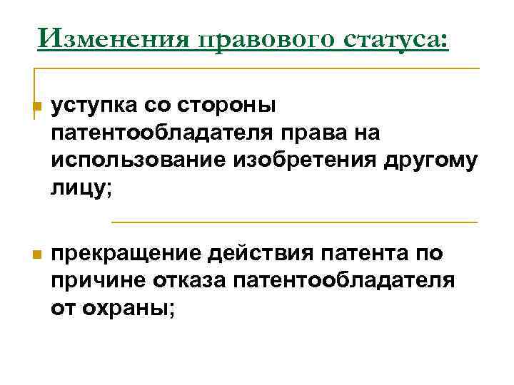 Изменения правового статуса: n уступка со стороны патентообладателя права на использование изобретения другому лицу;