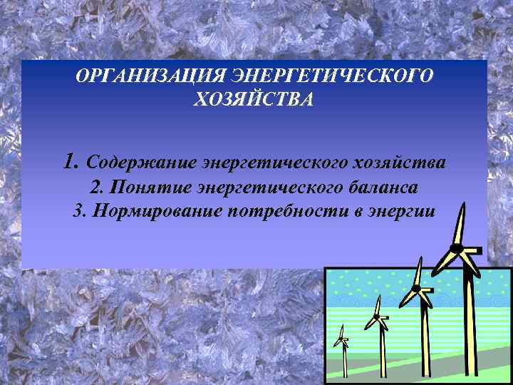 ОРГАНИЗАЦИЯ ЭНЕРГЕТИЧЕСКОГО ХОЗЯЙСТВА 1. Содержание энергетического хозяйства 2. Понятие энергетического баланса 3. Нормирование потребности