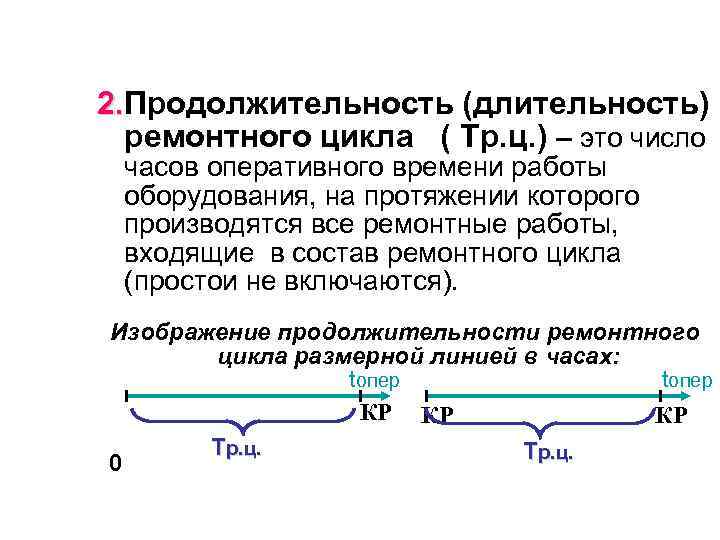 2. Продолжительность (длительность) 2. ремонтного цикла ( Тр. ц. ) – это число часов