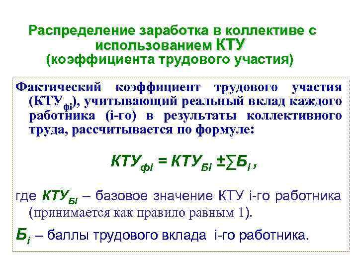  Распределение заработка в коллективе c использованием КТУ (коэффициента трудового участия) Фактический коэффициент трудового