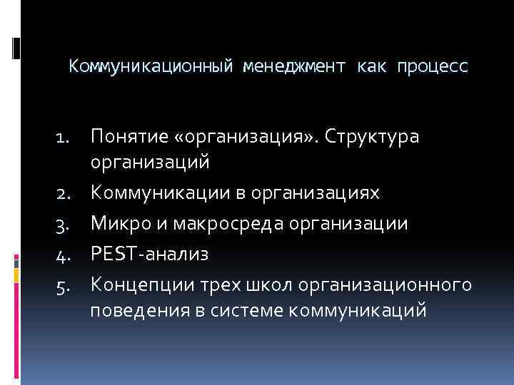 Коммуникационный менеджмент как процесс 1. Понятие «организация» . Структура организаций 2. Коммуникации в организациях