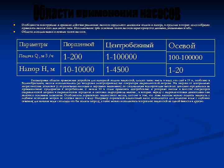 n n Особенности конструкции и принцип действия различных насосов определяют диапазоны подачи и напора,