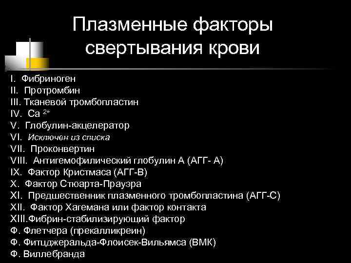 Плазменные факторы свертывания крови I. Фибриноген II. Протромбин III. Тканевой тромбопластин IV. Са 2+