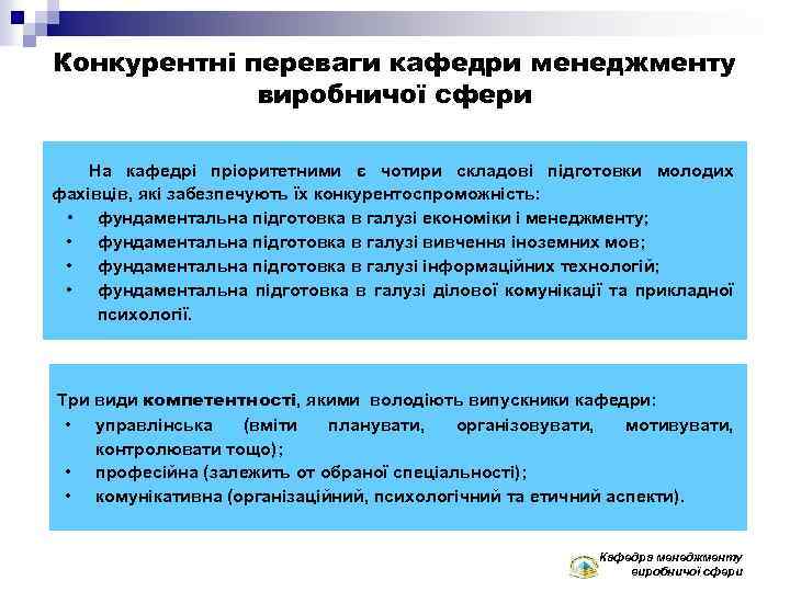 Конкурентні переваги кафедри менеджменту виробничої сфери На кафедрі пріоритетними є чотири складові підготовки молодих