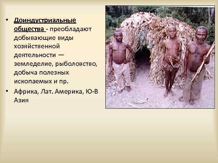  • Доиндустриальные общества - преобладают добывающие виды хозяйственной деятельности — земледелие, рыболовство, добыча
