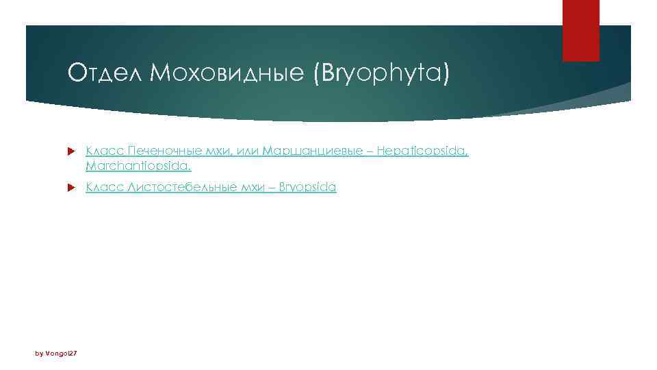 Отдел Моховидные (Bryophyta) Класс Печеночные мхи, или Маршанциевые – Hepaticopsida, Marchantiopsida. Класс Листостебельные мхи