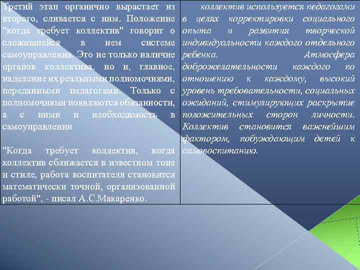 Третий этап органично вырастает из второго, сливается с ним. Положение "когда требует коллектив" говорит