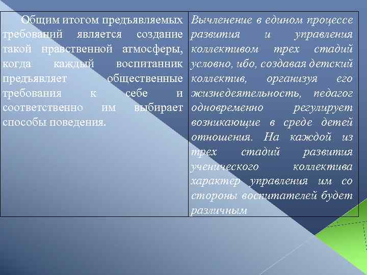 Общим итогом предъявляемых требований является создание такой нравственной атмосферы, когда каждый воспитанник предъявляет общественные