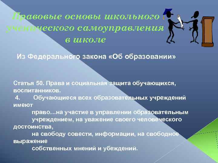 Правовые основы школьного ученического самоуправления в школе Из Федерального закона «Об образовании» Статья 50.
