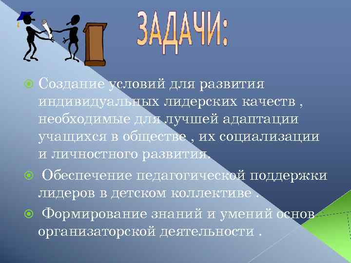Создание условий для развития индивидуальных лидерских качеств , необходимые для лучшей адаптации учащихся в