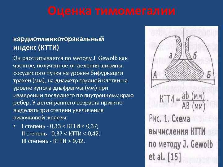 Оценка тимомегалии кардиотимикоторакальный индекс (КТТИ) Он рассчитывается по методу J. Gewolb как частное, полученное