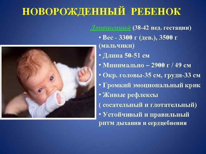 НОВОРОЖДЕННЫЙ РЕБЕНОК Доношенный (38 -42 нед. гестации) • Вес - 3300 г (дев. ),