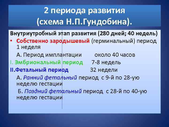 2 периода развития (схема Н. П. Гундобина). Внутриутробный этап развития (280 дней; 40 недель)