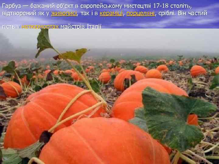 Гарбуз — бажаний об'єкт в європейському мистецтві 17 18 століть, відтворений як у живописі,
