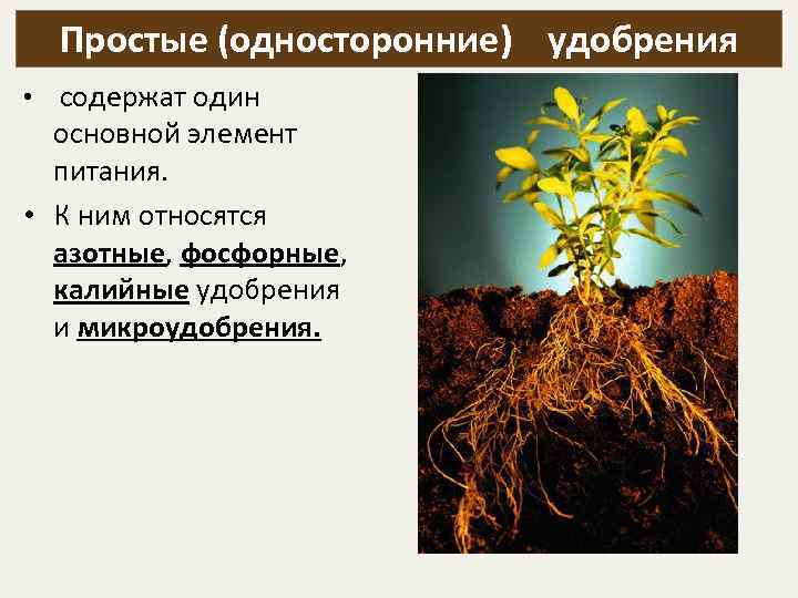 Простые (односторонние) удобрения • содержат один основной элемент питания. • К ним относятся азотные,