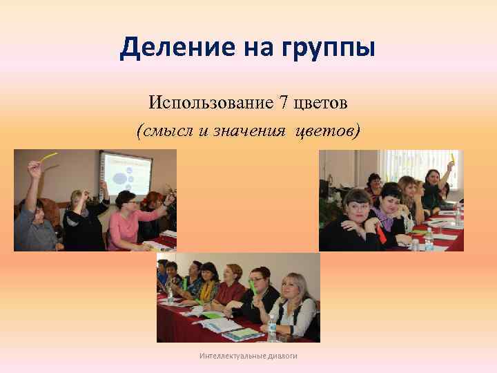 Деление на группы Использование 7 цветов (смысл и значения цветов) Интеллектуальные диалоги 