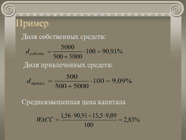 Пример Доля собственных средств: Доля привлеченных средств: Средневзвешенная цена капитала 