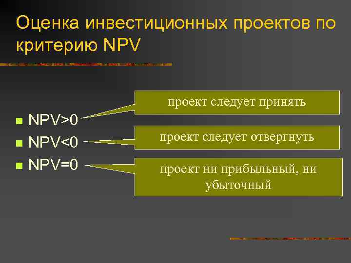 Оценка инвестиционных проектов по критерию NPV проект следует принять n n n NPV>0 NPV<0