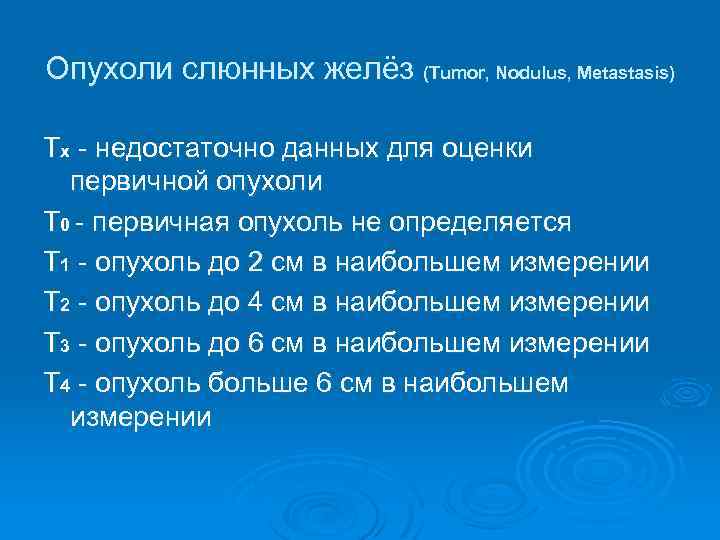 Опухоли слюнных желёз (Tumor, Nodulus, Metastasis) Тх - недостаточно данных для оценки первичной опухоли