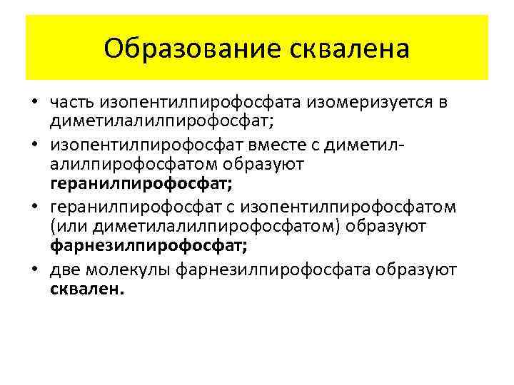 Образование сквалена • часть изопентилпирофосфата изомеризуется в диметилалилпирофосфат; • изопентилпирофосфат вместе с диметилалилпирофосфатом образуют