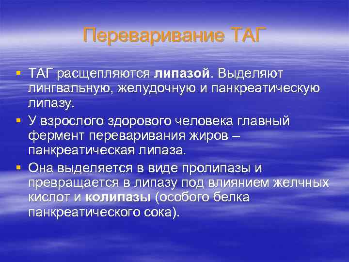 Переваривание ТАГ § ТАГ расщепляются липазой. Выделяют лингвальную, желудочную и панкреатическую липазу. § У