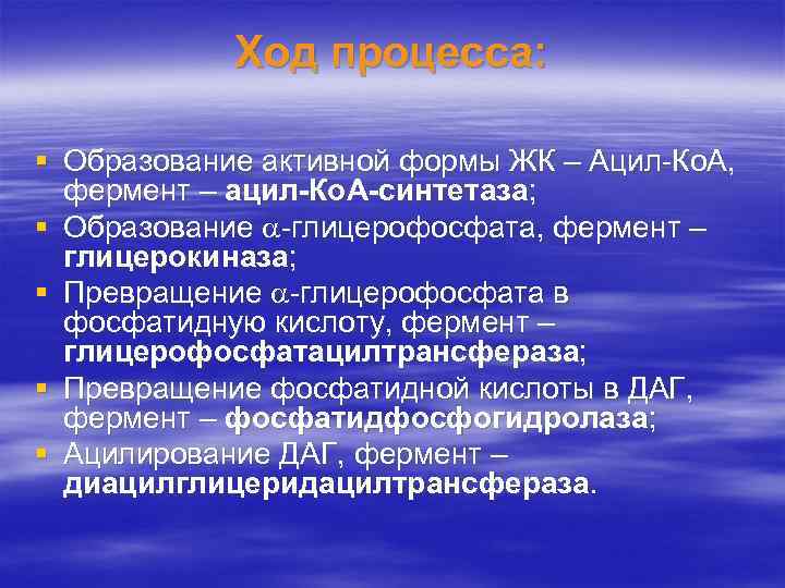 Ход процесса: § Образование активной формы ЖК – Ацил-Ко. А, фермент – ацил-Ко. А-синтетаза;