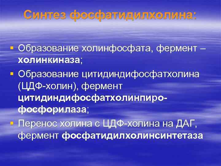 Синтез фосфатидилхолина: § Образование холинфосфата, фермент – холинкиназа; § Образование цитидиндифосфатхолина (ЦДФ-холин), фермент цитидиндифосфатхолинпирофосфорилаза;