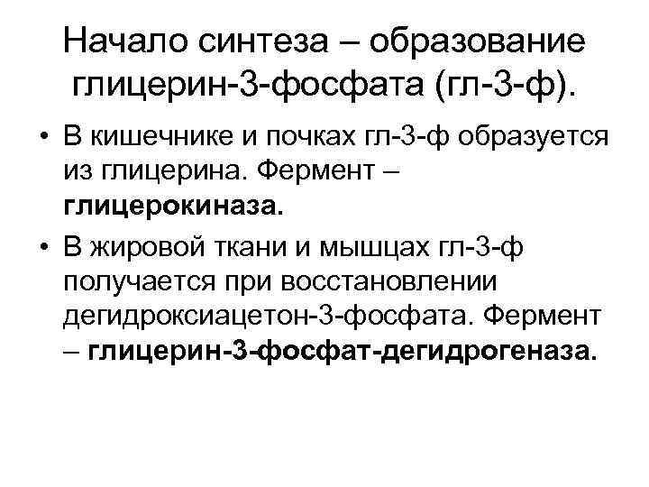 Начало синтеза – образование глицерин-3 -фосфата (гл-3 -ф). • В кишечнике и почках гл-3