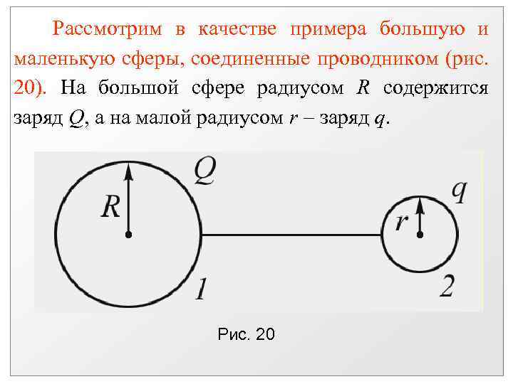 Рассмотрим в качестве примера большую и маленькую сферы, соединенные проводником (рис. 20). На большой