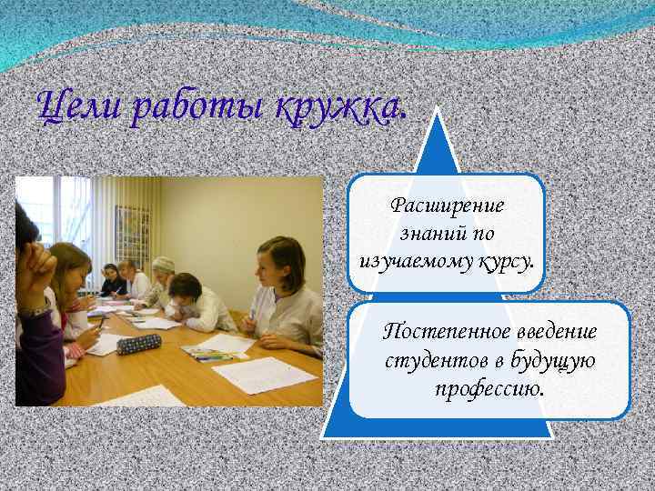 Цели работы кружка. Расширение знаний по изучаемому курсу. Постепенное введение студентов в будущую профессию.