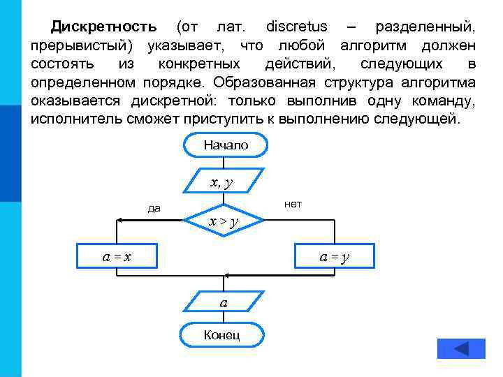 Дискретность (от лат. discretus – разделенный, прерывистый) указывает, что любой алгоритм должен состоять из