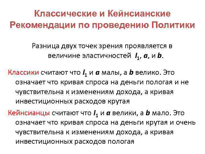 Классические и Кейнсианские Рекомендации по проведению Политики Разница двух точек зрения проявляется в величине