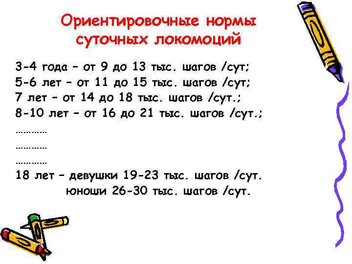Ориентировочные нормы суточных локомоций 3 -4 года – от 9 до 13 тыс. шагов
