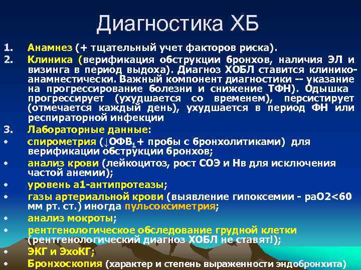 Диагностика ХБ 1. 2. 3. • • Анамнез (+ тщательный учет факторов риска). Клиника