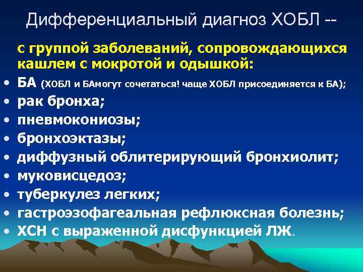 Дифференциальный диагноз ХОБЛ - • • • с группой заболеваний, сопровождающихся кашлем с мокротой