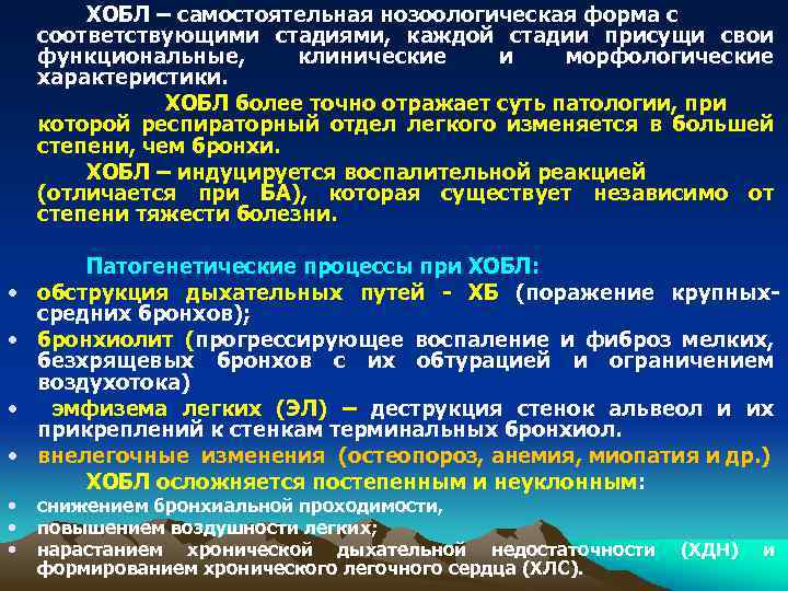 ХОБЛ – самостоятельная нозоологическая форма с соответствующими стадиями, каждой стадии присущи свои функциональные, клинические