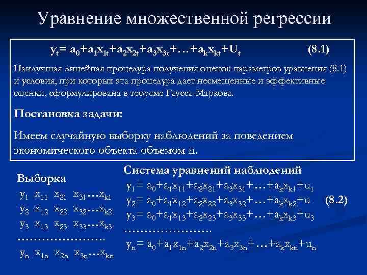 Уравнение множественной регрессии yt= a 0+a 1 x 1 t+a 2 x 2 t+a