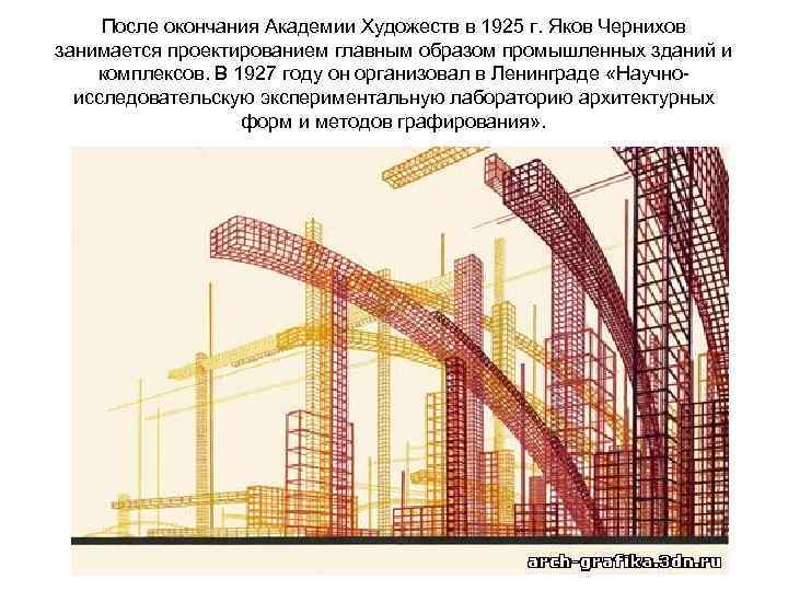 После окончания Академии Художеств в 1925 г. Яков Чернихов занимается проектированием главным образом промышленных