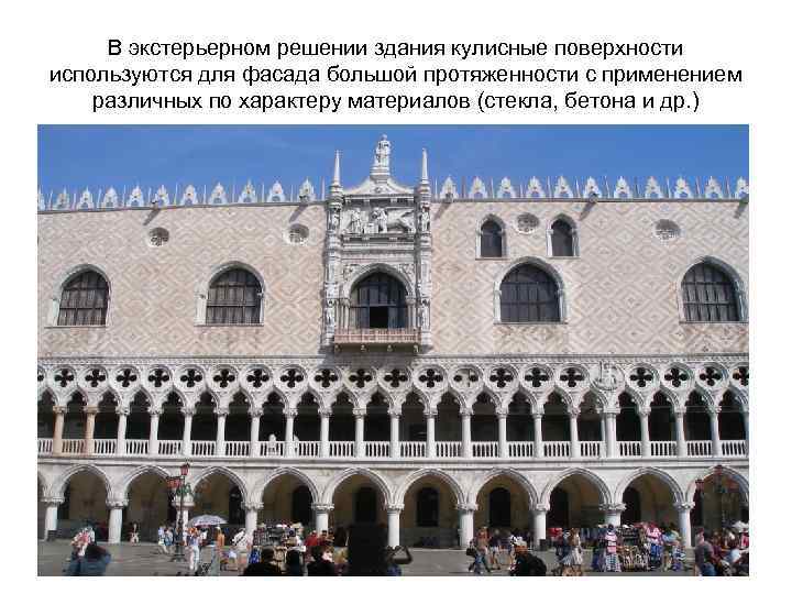 В экстерьерном решении здания кулисные поверхности используются для фасада большой протяженности с применением различных