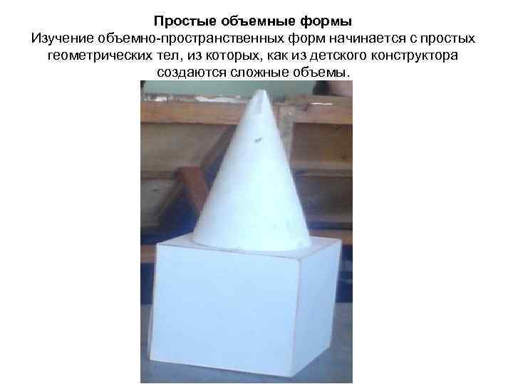 Простые объемные формы Изучение объемно-пространственных форм начинается с простых геометрических тел, из которых, как