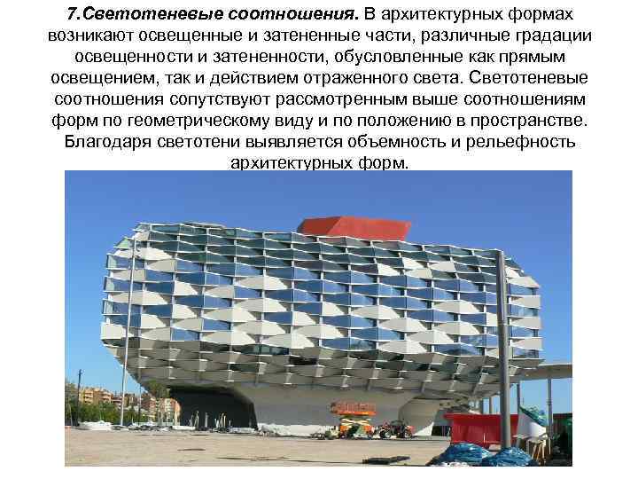 7. Светотеневые соотношения. В архитектурных формах возникают освещенные и затененные части, различные градации освещенности