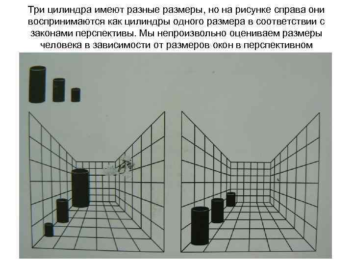 Три цилиндра имеют разные размеры, но на рисунке справа они воспринимаются как цилиндры одного