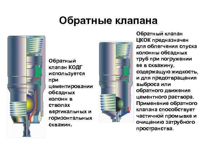 Обратные клапана Обратный клапан КОДГ используется при цементировании обсадных колонн в стволах вертикальных и