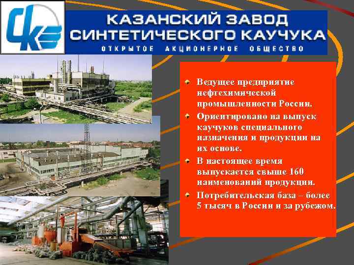 Ведущее предприятие нефтехимической промышленности России. Ориентировано на выпуск каучуков специального назначения и продукции на
