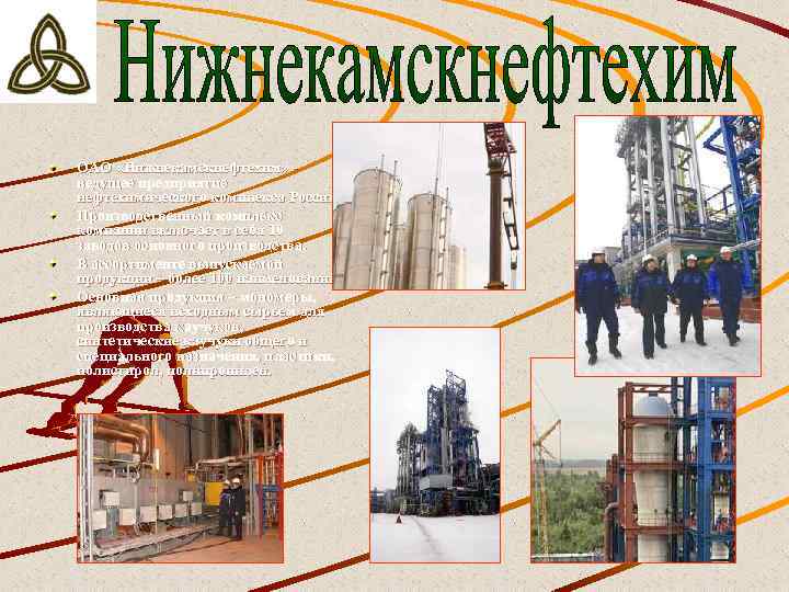 ОАО «Нижнекамскнефтехим» - ведущее предприятие нефтехимического комплекса России. Производственный комплекс компании включает в себя