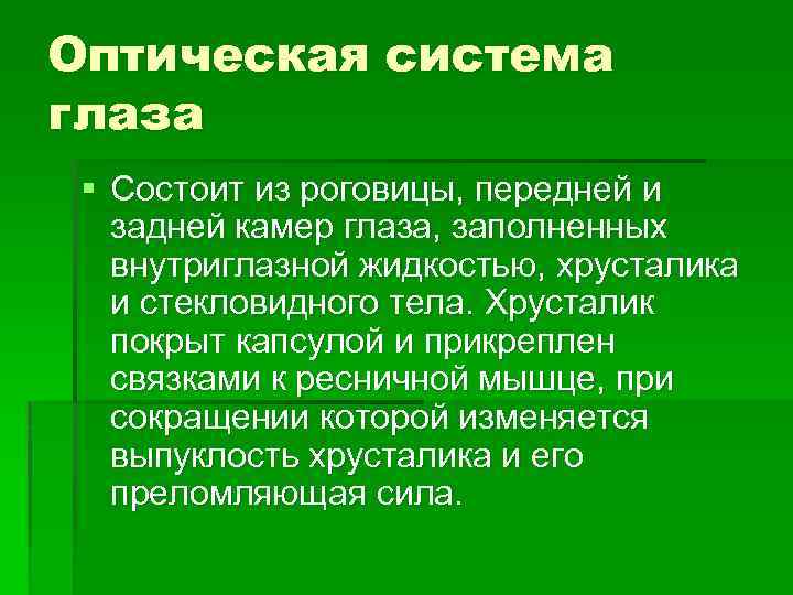 Оптическая система глаза § Состоит из роговицы, передней и задней камер глаза, заполненных внутриглазной