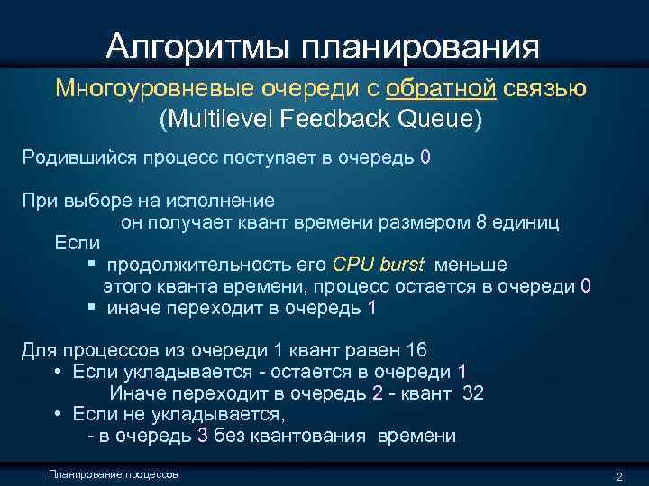  Алгоритмы планирования Многоуровневые очереди с обратной связью (Multilevel Feedback Queue) Родившийся процесс поступает