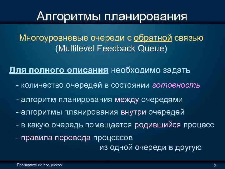  Алгоритмы планирования Многоуровневые очереди с обратной связью (Multilevel Feedback Queue) Для полного описания